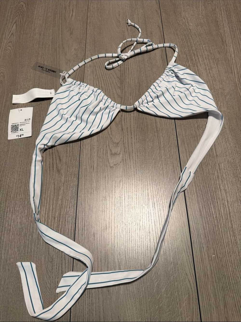 Forever 21 White Bikini Top with Teal Pinstripes